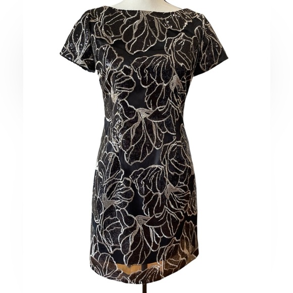 Tahari new with tags black and gold sequin sheath dress lined NWT size 2P formal - Picture 7 of 17